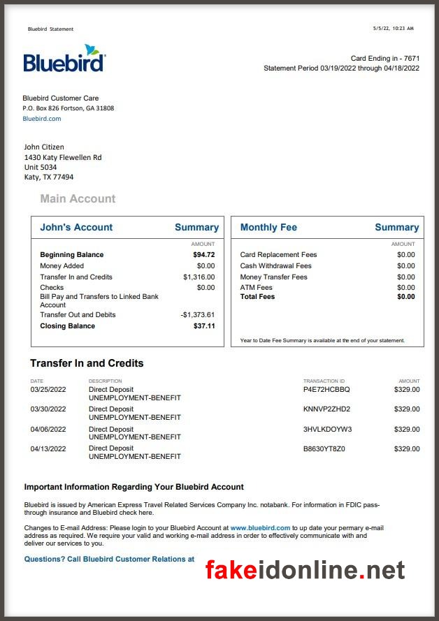Bluebird Editable Word Bank Statement